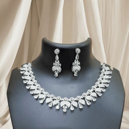 Elegant and Dazzling CZ American Diamond Studded White Necklace Set with Earrings
