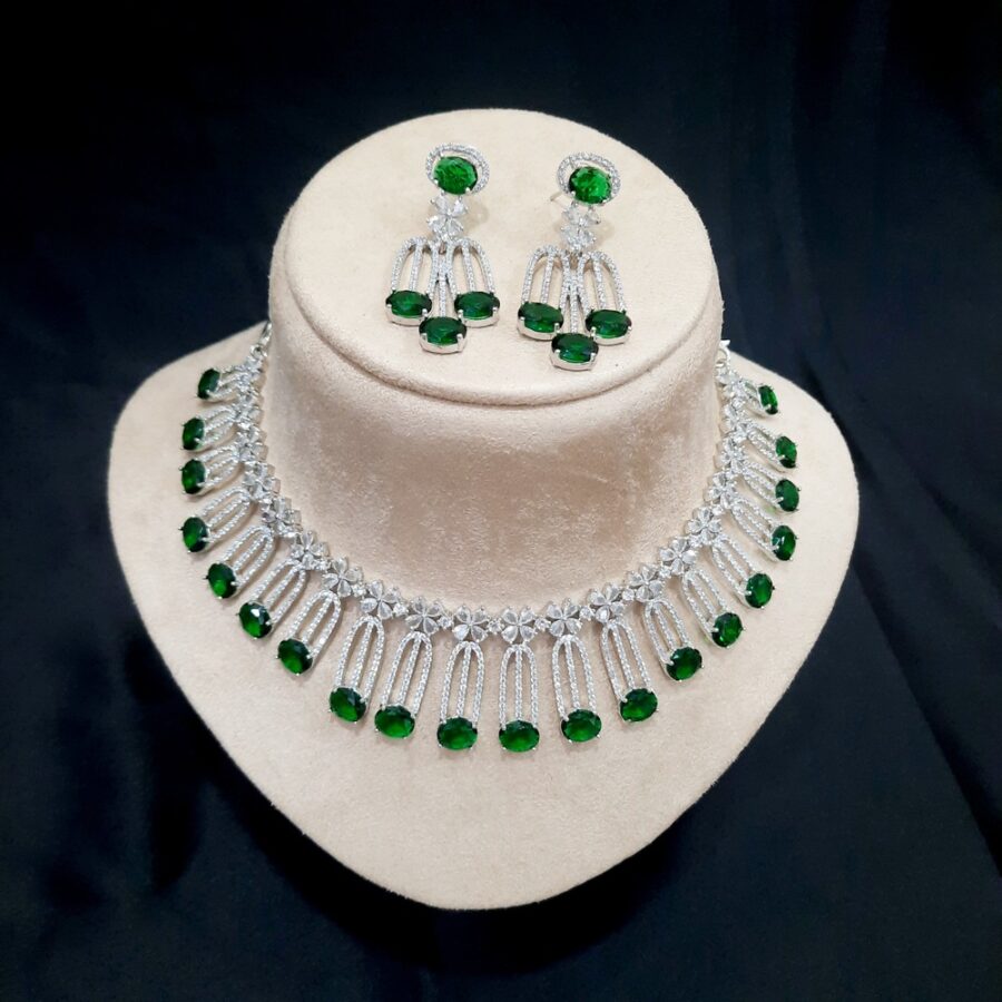Emerald Green Elegant Solitaire CZ American Diamond Designer Necklace - Image 2
