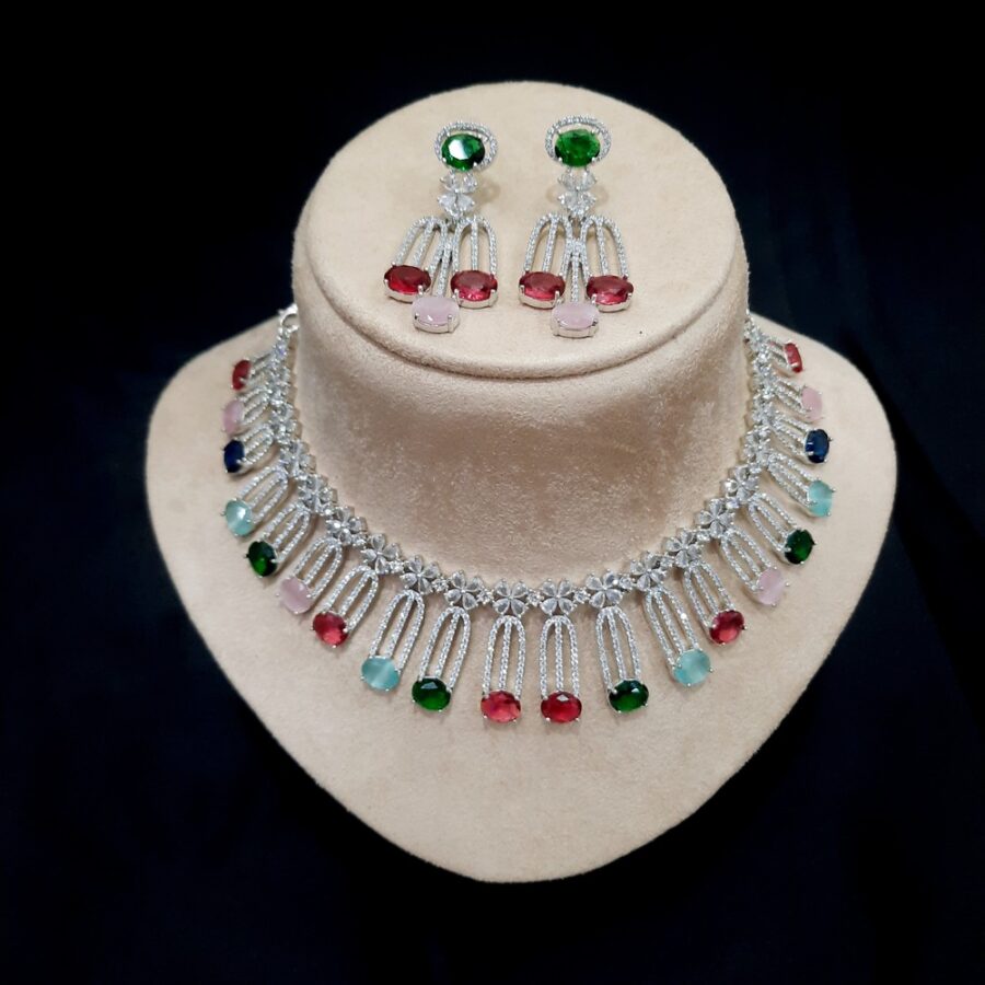 Multi Colored Elegant Solitaire CZ American Diamond Designer Necklace - Image 2