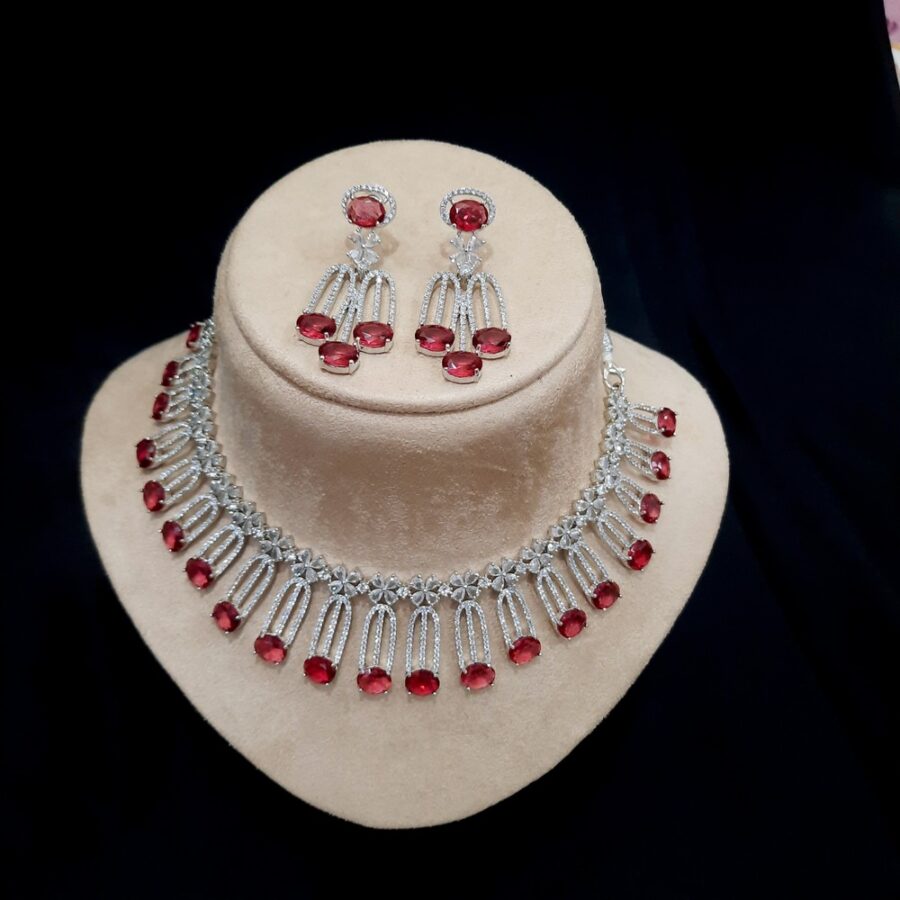 Ruby Red Elegant Solitaire CZ American Diamond Designer Necklace - Image 2