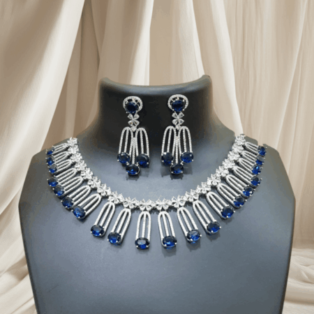 Sapphire Blue Elegant Solitaire CZ American Diamond Designer Necklace
