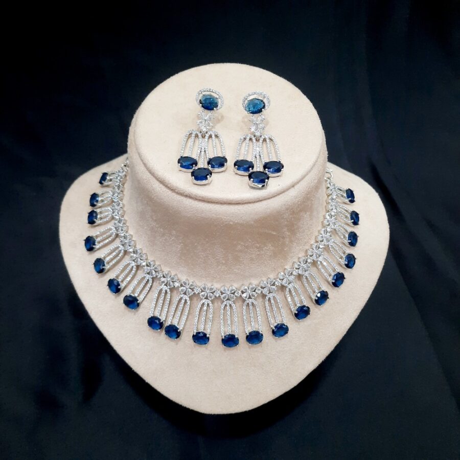 Sapphire Blue Elegant Solitaire CZ American Diamond Designer Necklace - Image 2