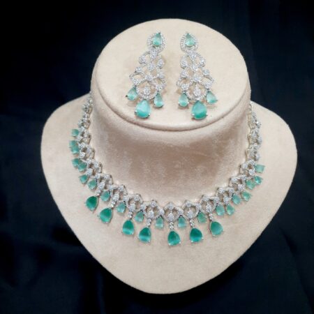 Pastel Green Celebrity Style American Diamond Necklace Set