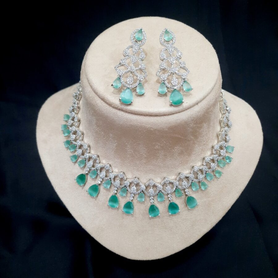 Pastel Green Celebrity Style American Diamond Necklace Set