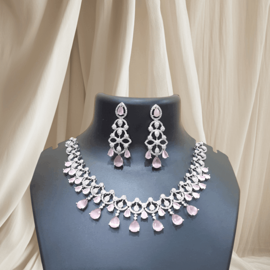Pastel Pink Celebrity Style American Diamond Necklace Set - Image 2