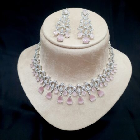 Pastel Pink Celebrity Style American Diamond Necklace Set