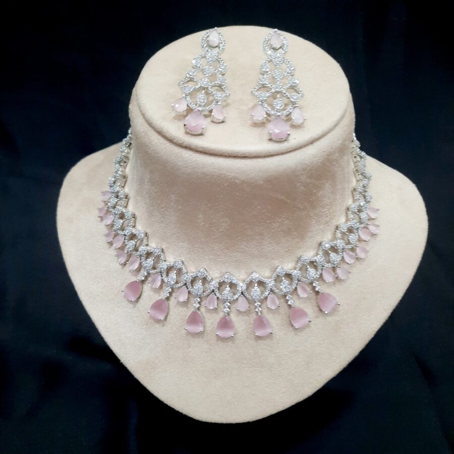 Pastel Pink Celebrity Style American Diamond Necklace Set