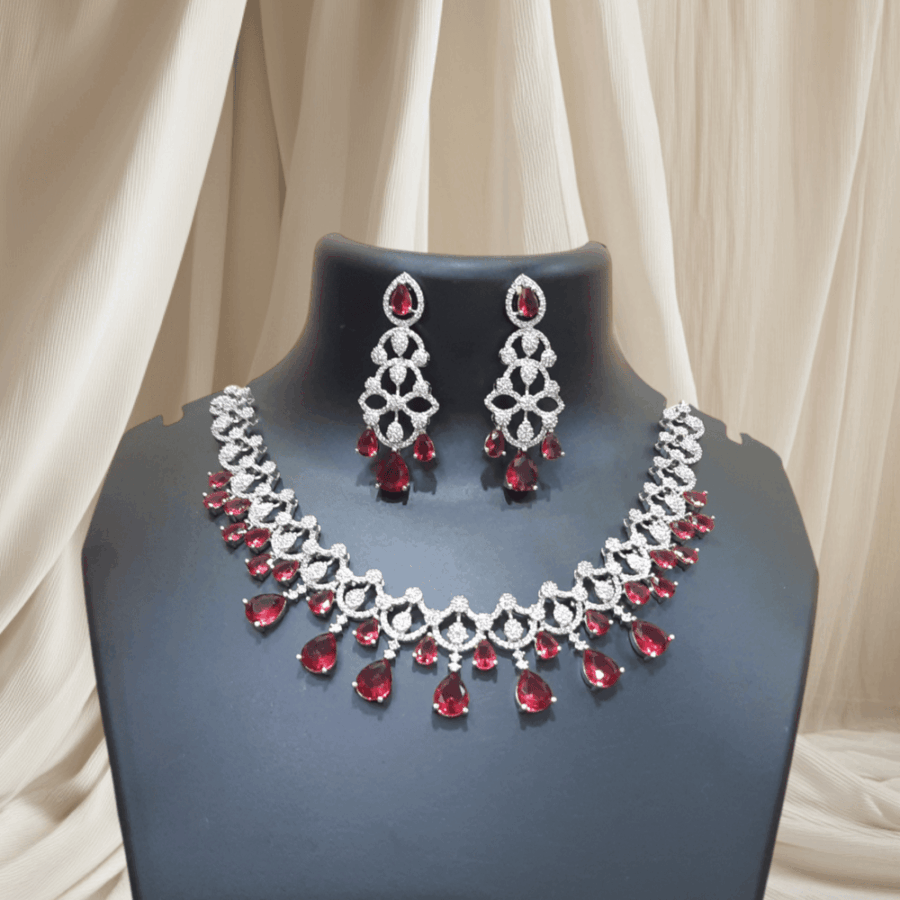 Ruby Red Celebrity Style American Diamond Necklace Set - Image 2