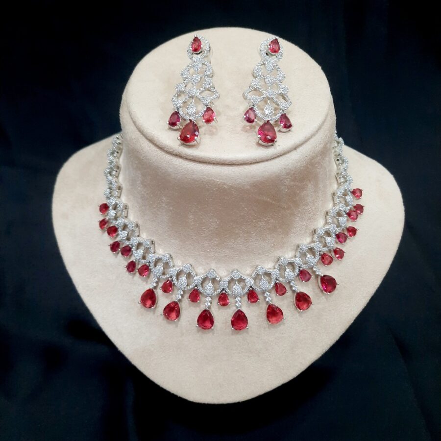 Ruby Red Celebrity Style American Diamond Necklace Set