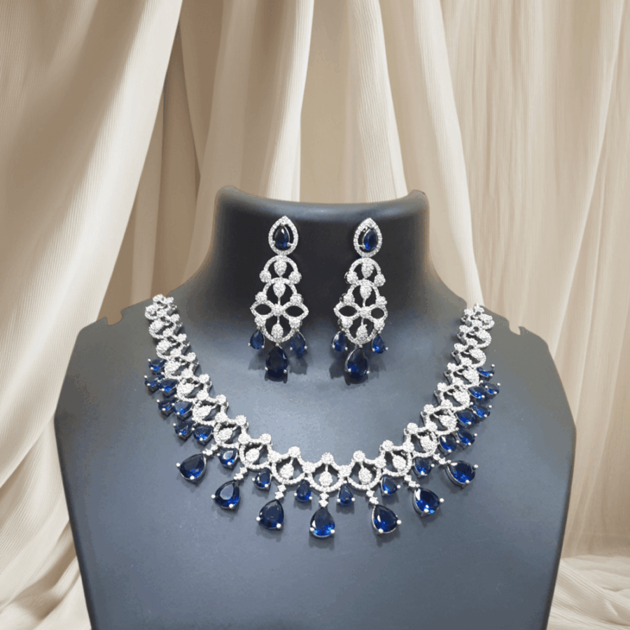 Sapphire Blue Celebrity Style American Diamond Necklace Set - Image 2