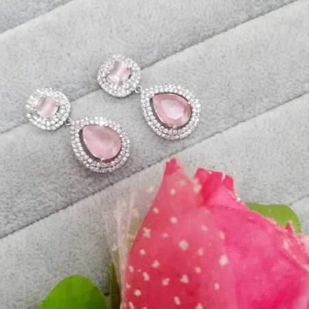 Cubic Zirconia Studded Fancy Drop Earrings Contemporary Fashion Jewellery (Pastel Pink)