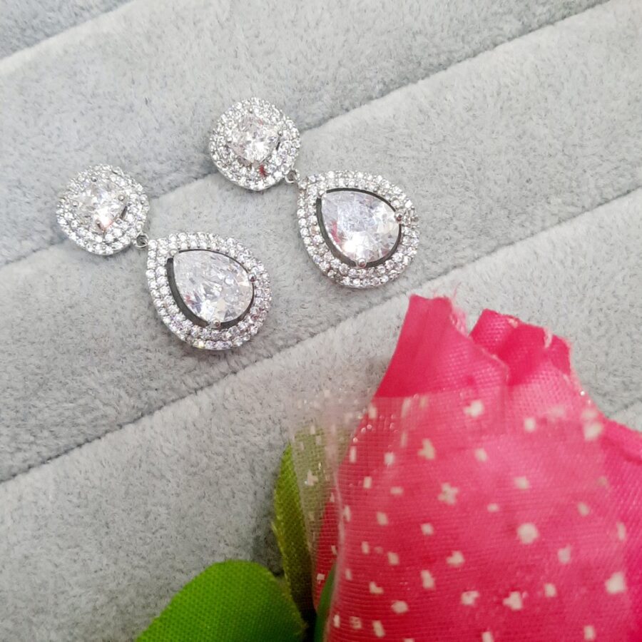 Cubic Zirconia Studded Fancy Drop Earrings Contemporary Fashion Jewellery (Sparkling White)