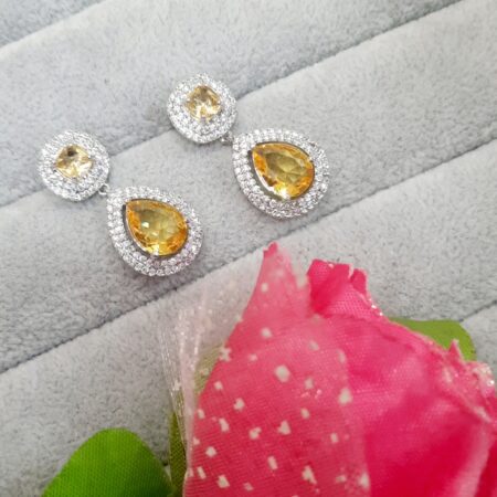 Cubic Zirconia Studded Fancy Drop Earrings Contemporary Fashion Jewellery (Sapphire Yellow)