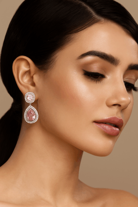 Cubic Zirconia Studded Fancy Drop Earrings Contemporary Fashion Jewellery (Sapphire Pink)