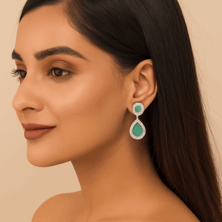 Cubic Zirconia Studded Fancy Drop Earrings Contemporary Fashion Jewellery (Pastel Green)