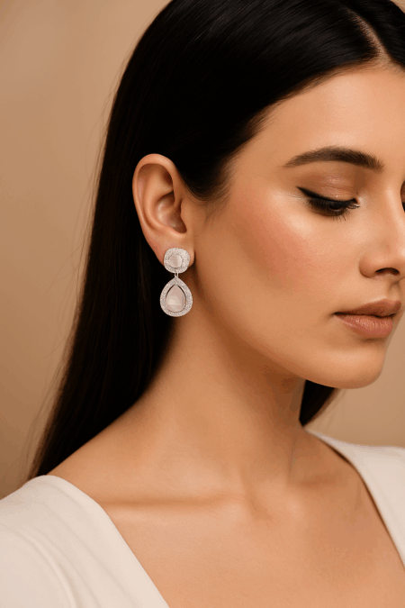 Cubic Zirconia Studded Fancy Drop Earrings Contemporary Fashion Jewellery (Pastel Pink)