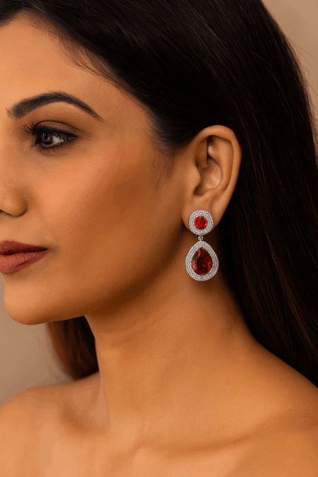 Cubic Zirconia Studded Fancy Drop Earrings Contemporary Fashion Jewellery (Ruby Red)