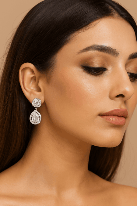 Cubic Zirconia Studded Fancy Drop Earrings Contemporary Fashion Jewellery (Sparkling White)