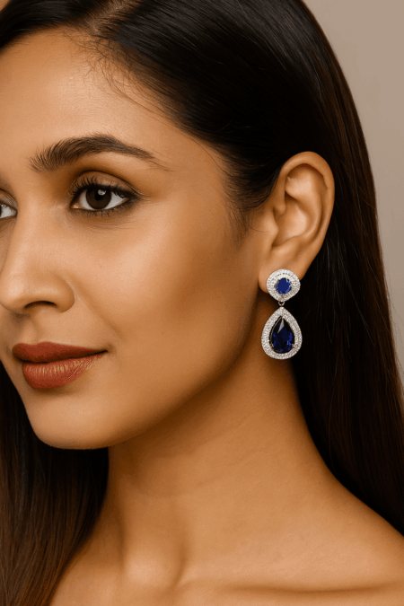 Cubic Zirconia Studded Fancy Drop Earrings Contemporary Fashion Jewellery (Sapphire Blue)