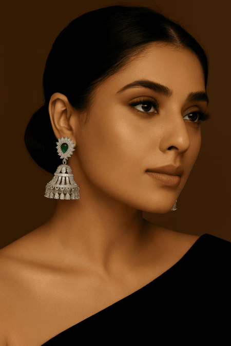 CZ American Diamond Jhumka/Jhumki AD Studded (Emerald Green)