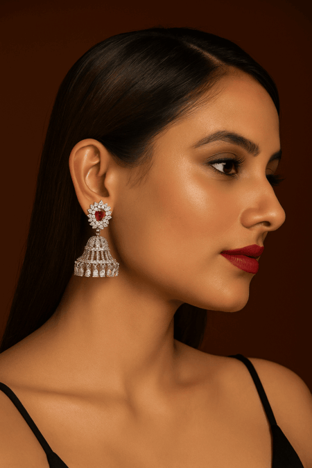 CZ American Diamond Jhumka/Jhumki AD Studded (Ruby Red)