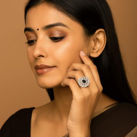 CARUS Juliet Collection, Floral Statement Fashion Ring (Black).