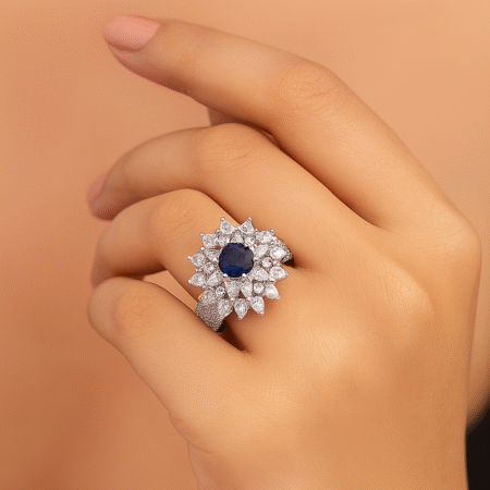 Crown Shaped Statement Style Ring (Sapphire Blue)