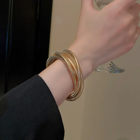 Luxury 5-Layer Snake Spiral Bracelet, Gold Plated, Flexible Stretch Coil, Tangled Design