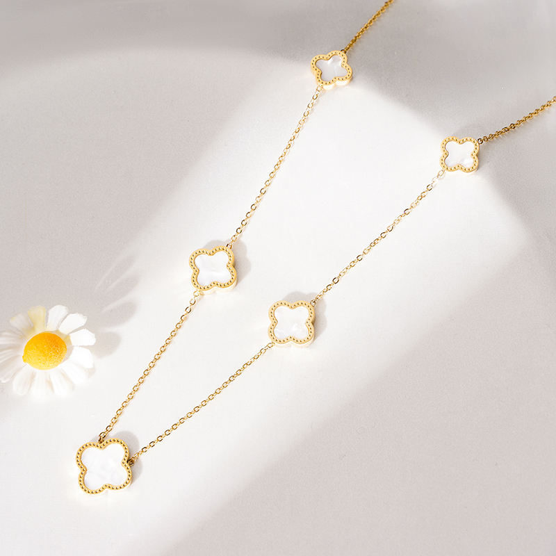 Luxury White Pendant Necklace Stainless Steel, 5 Flowers, Four Leaf Clover Necklace - Image 3