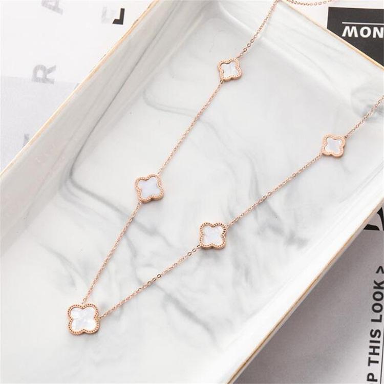 Luxury White Pendant Necklace Stainless Steel, 5 Flowers, Four Leaf Clover Necklace - Image 2